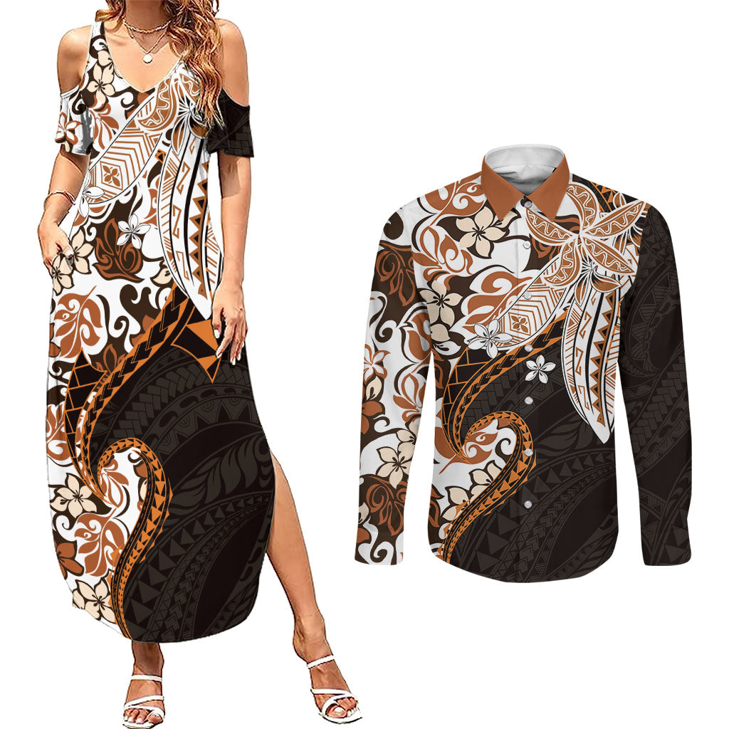 Monstera Plumeria Flowers Orange Couples Matching Summer Maxi Dress and Long Sleeve Button Shirt Polynesian Pattern