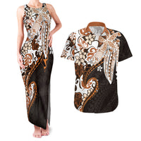 Monstera Plumeria Flowers Orange Couples Matching Tank Maxi Dress and Hawaiian Shirt Polynesian Pattern