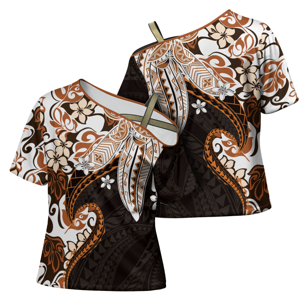 Monstera Plumeria Flowers Orange Cross Shoulder Shirt Polynesian Pattern