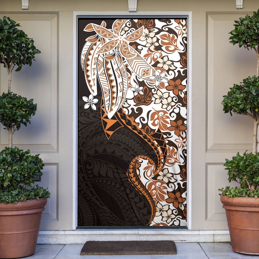 Monstera Plumeria Flowers Orange Door Cover Polynesian Pattern