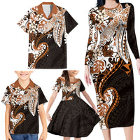 Monstera Plumeria Flowers Orange Family Matching Long Sleeve Bodycon Dress and Hawaiian Shirt Polynesian Pattern LT01 - Polynesian Pride
