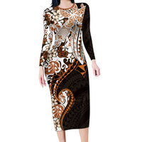 Monstera Plumeria Flowers Orange Family Matching Long Sleeve Bodycon Dress and Hawaiian Shirt Polynesian Pattern LT01 Mom's Dress Orange - Polynesian Pride
