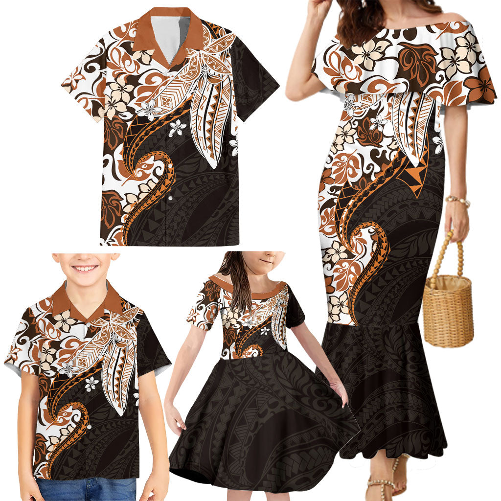 Monstera Plumeria Flowers Orange Family Matching Mermaid Dress and Hawaiian Shirt Polynesian Pattern