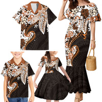 Monstera Plumeria Flowers Orange Family Matching Mermaid Dress and Hawaiian Shirt Polynesian Pattern