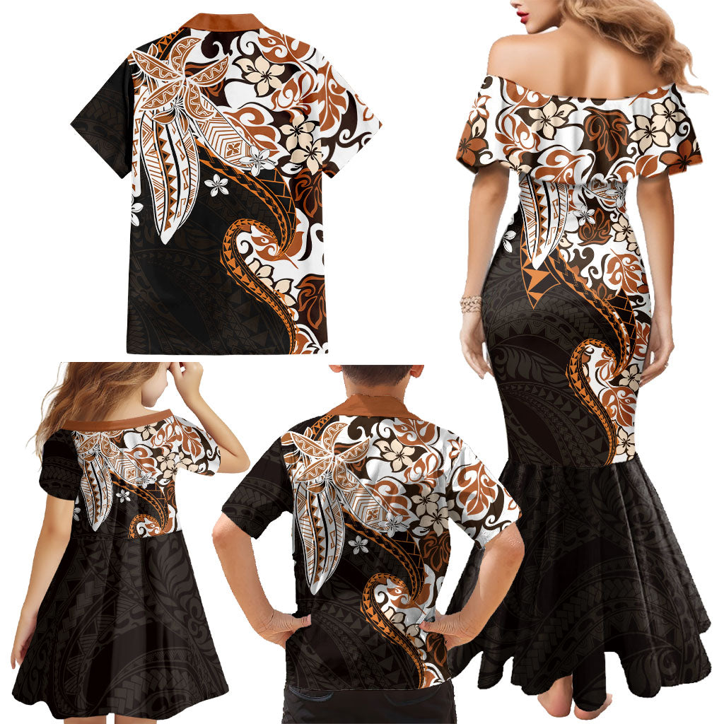 Monstera Plumeria Flowers Orange Family Matching Mermaid Dress and Hawaiian Shirt Polynesian Pattern