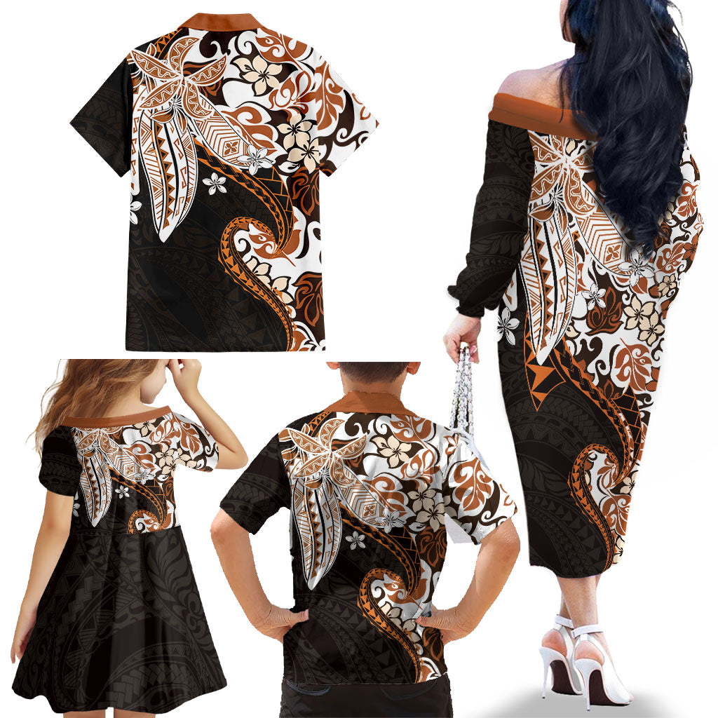 Monstera Plumeria Flowers Orange Family Matching Off The Shoulder Long Sleeve Dress and Hawaiian Shirt Polynesian Pattern LT01 - Polynesian Pride