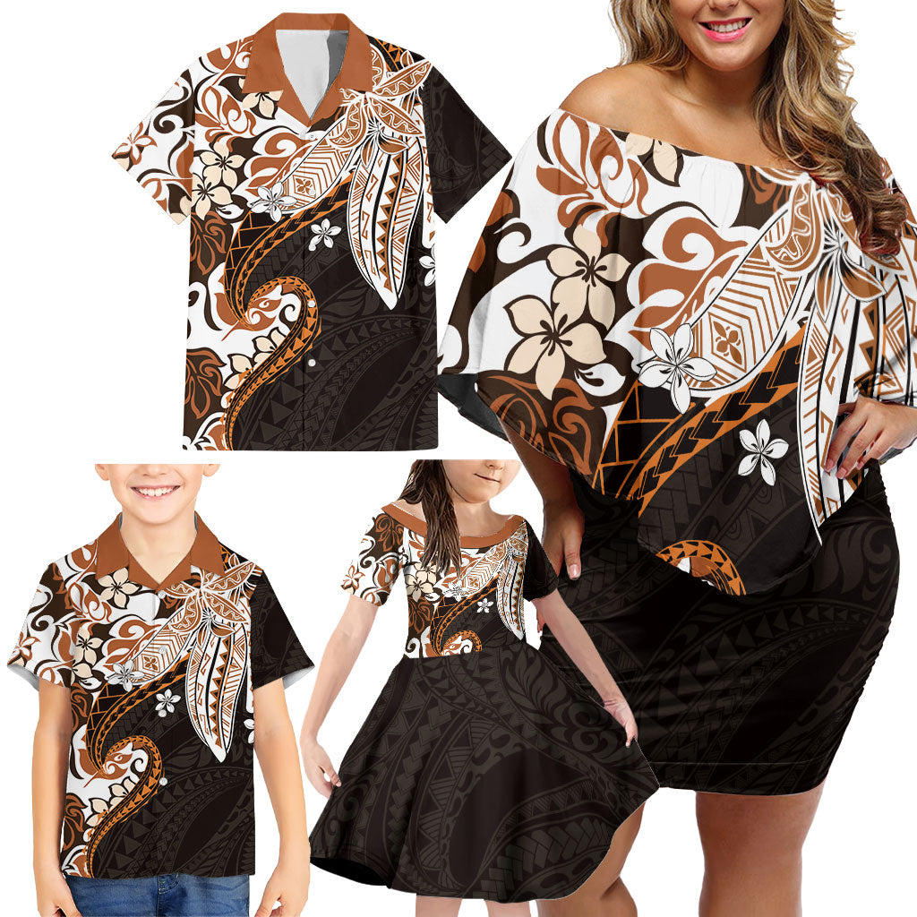 Monstera Plumeria Flowers Orange Family Matching Off Shoulder Short Dress and Hawaiian Shirt Polynesian Pattern