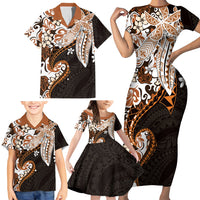 Monstera Plumeria Flowers Orange Family Matching Short Sleeve Bodycon Dress and Hawaiian Shirt Polynesian Pattern LT01 - Polynesian Pride