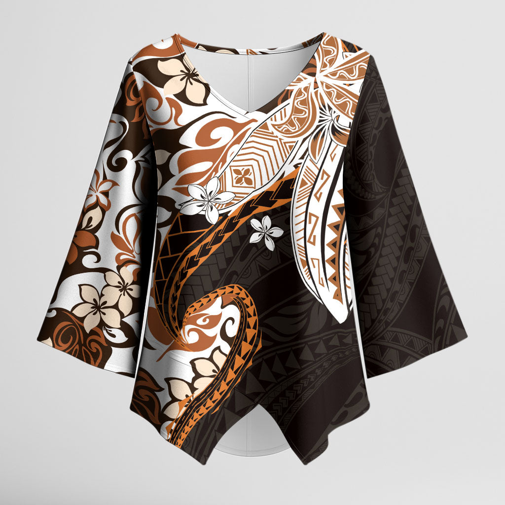 Monstera Plumeria Flowers Orange Kimono Sleeve Blouse Polynesian Pattern