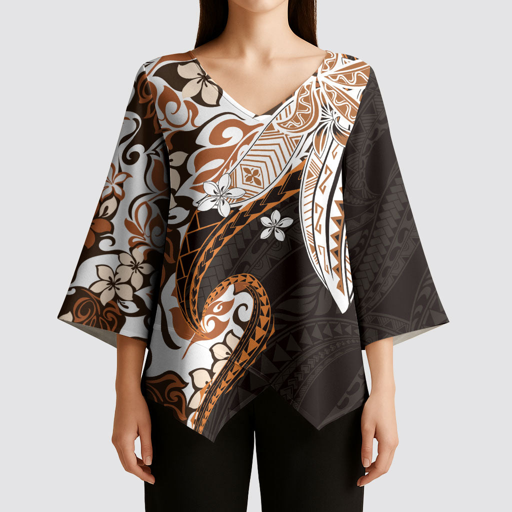 Monstera Plumeria Flowers Orange Kimono Sleeve Blouse Polynesian Pattern