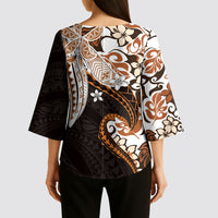 Monstera Plumeria Flowers Orange Kimono Sleeve Blouse Polynesian Pattern
