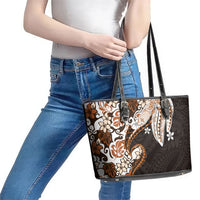 Monstera Plumeria Flowers Orange Leather Tote Bag Polynesian Pattern