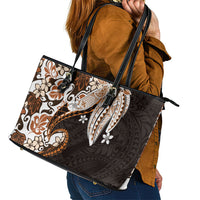 Monstera Plumeria Flowers Orange Leather Tote Bag Polynesian Pattern