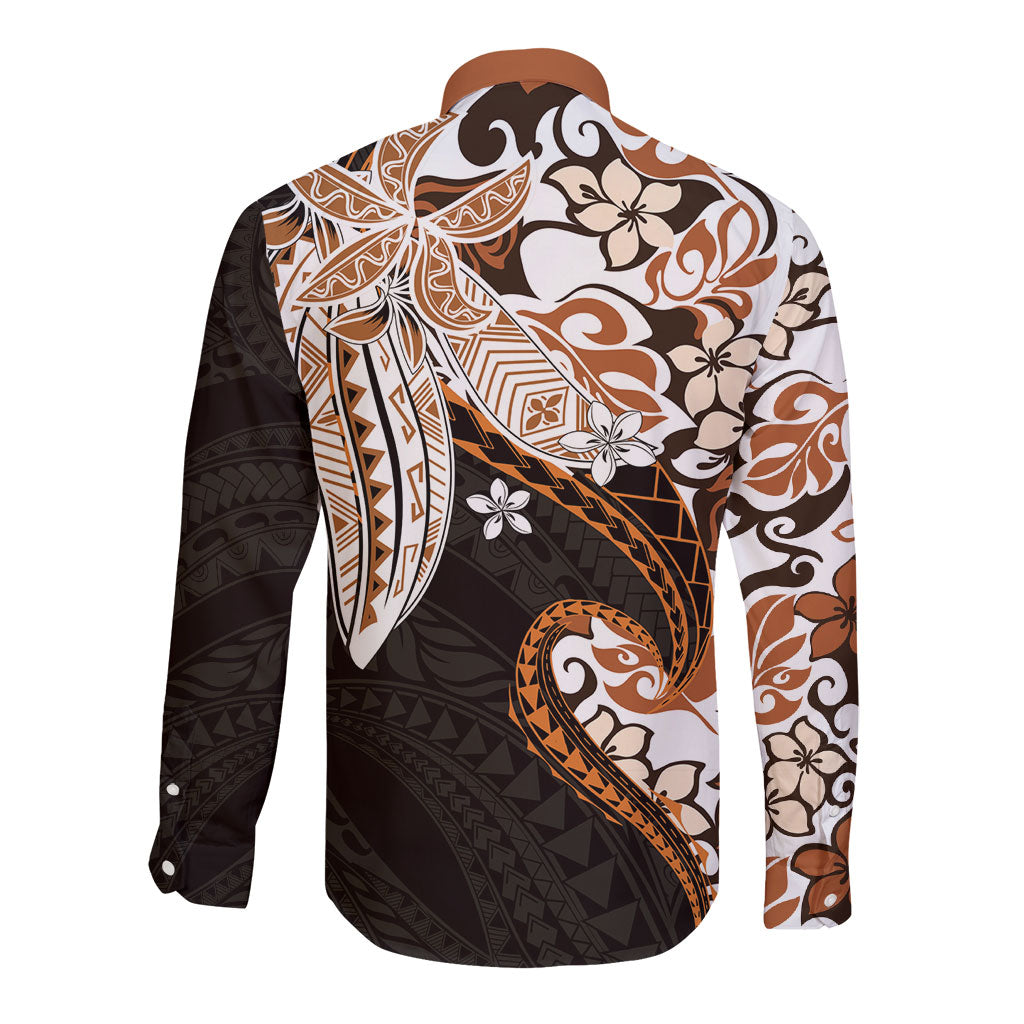 Monstera Plumeria Flowers Orange Long Sleeve Button Shirt Polynesian Pattern