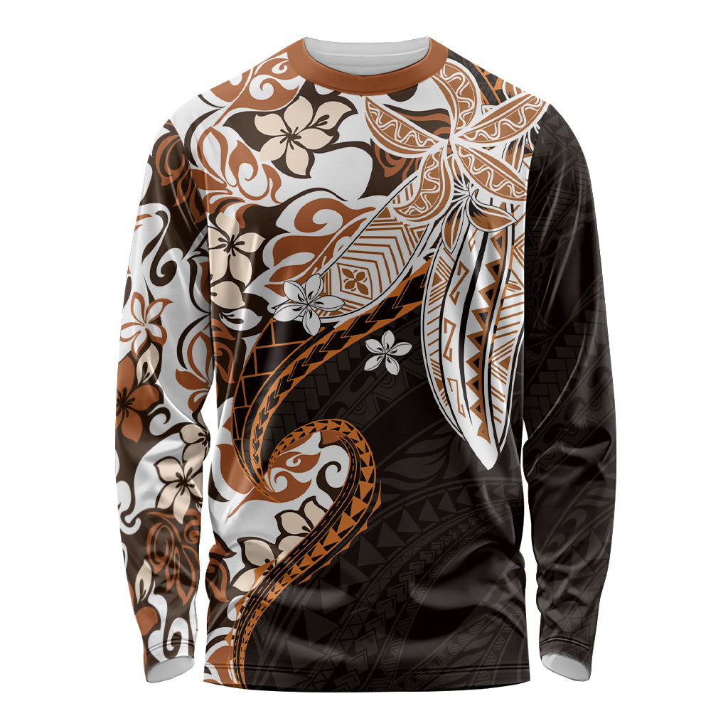 Monstera Plumeria Flowers Orange Long Sleeve Shirt Polynesian Pattern