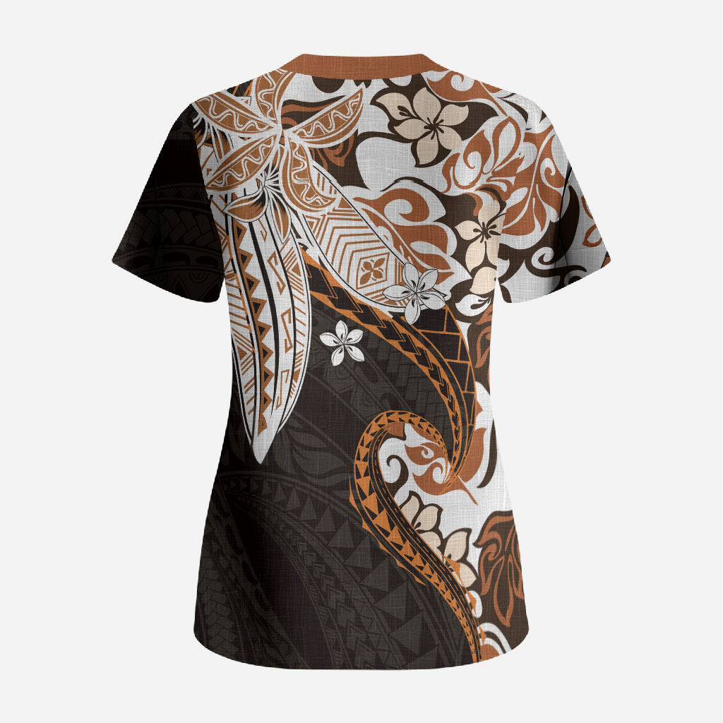 Monstera Plumeria Flowers Orange Scrub Top Polynesian Pattern