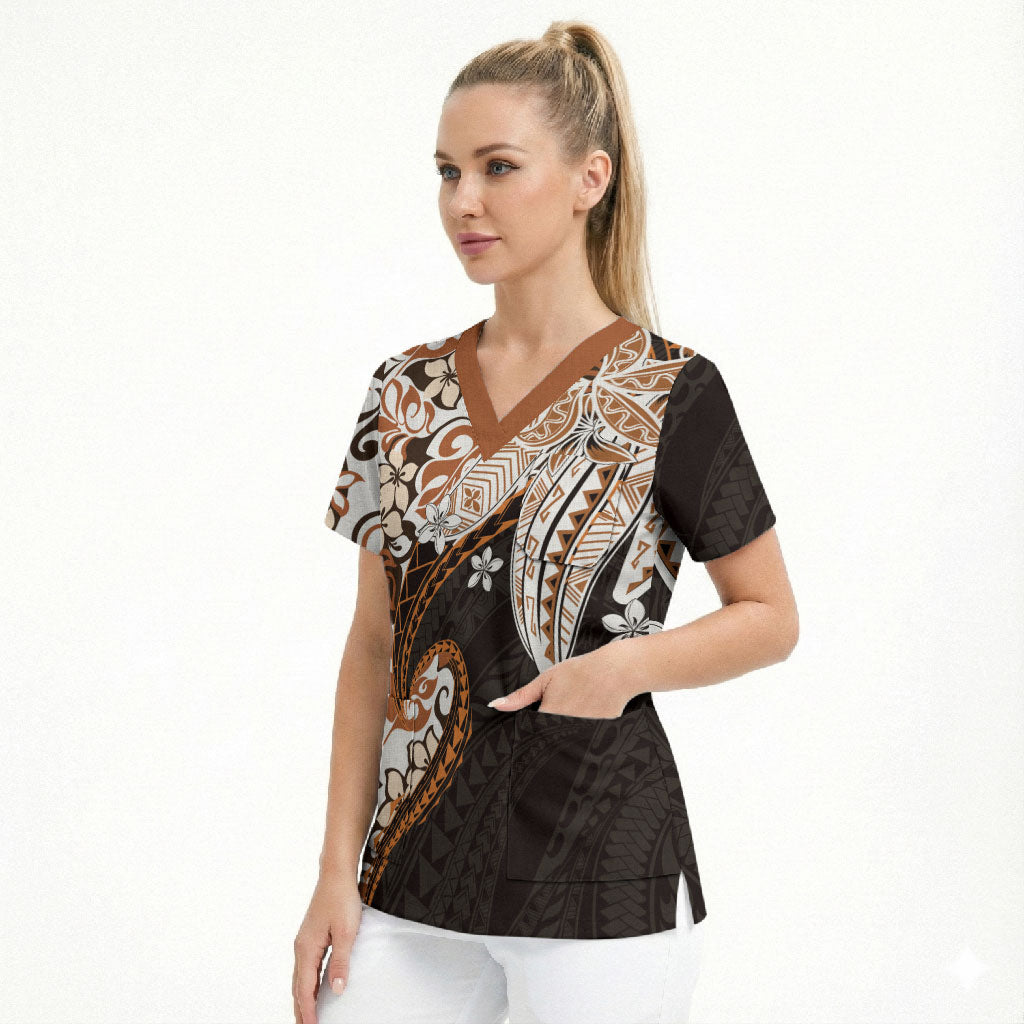 Monstera Plumeria Flowers Orange Scrub Top Polynesian Pattern