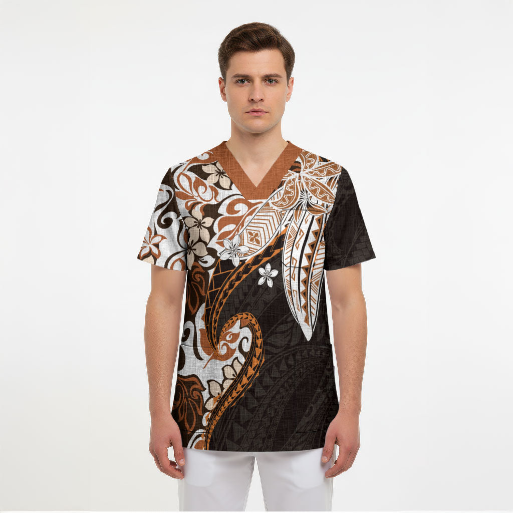 Monstera Plumeria Flowers Orange Scrub Top Polynesian Pattern