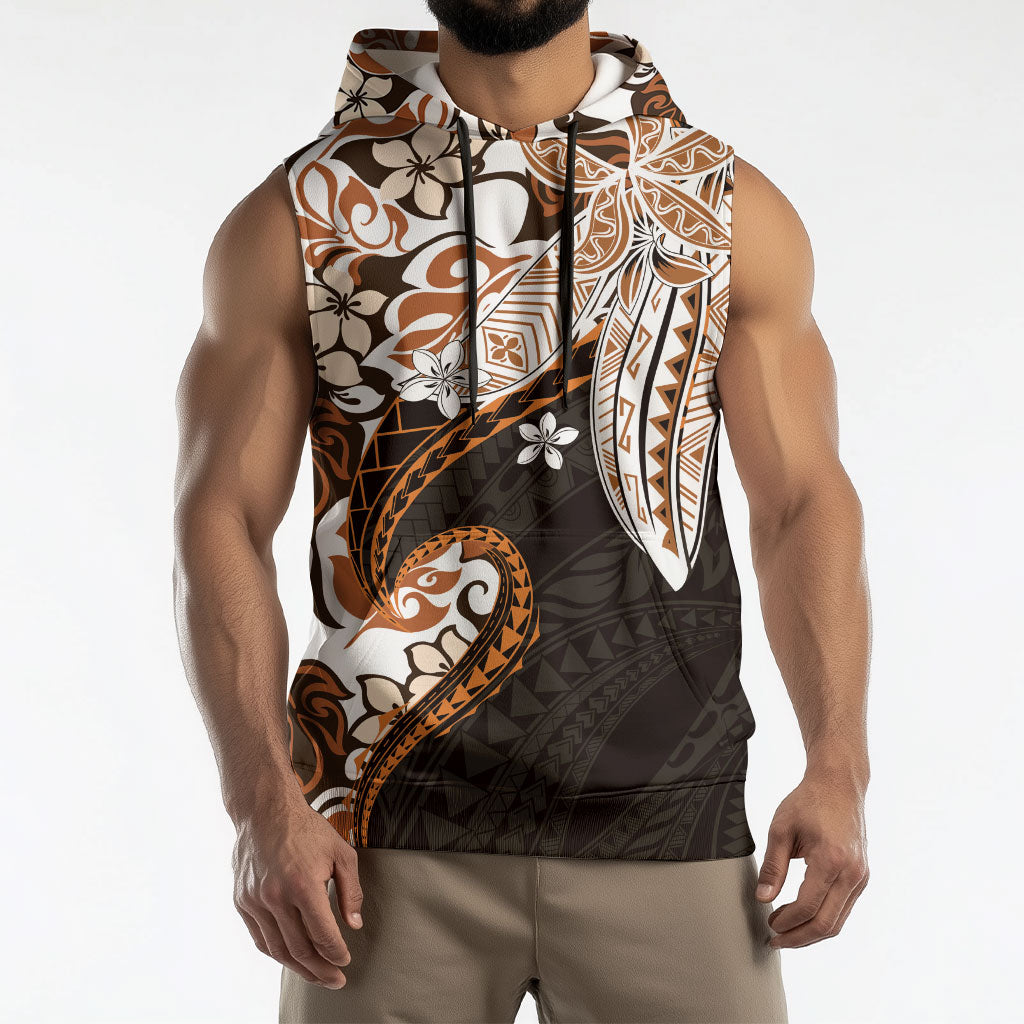 Monstera Plumeria Flowers Orange Sleeveless Hoodie Polynesian Pattern