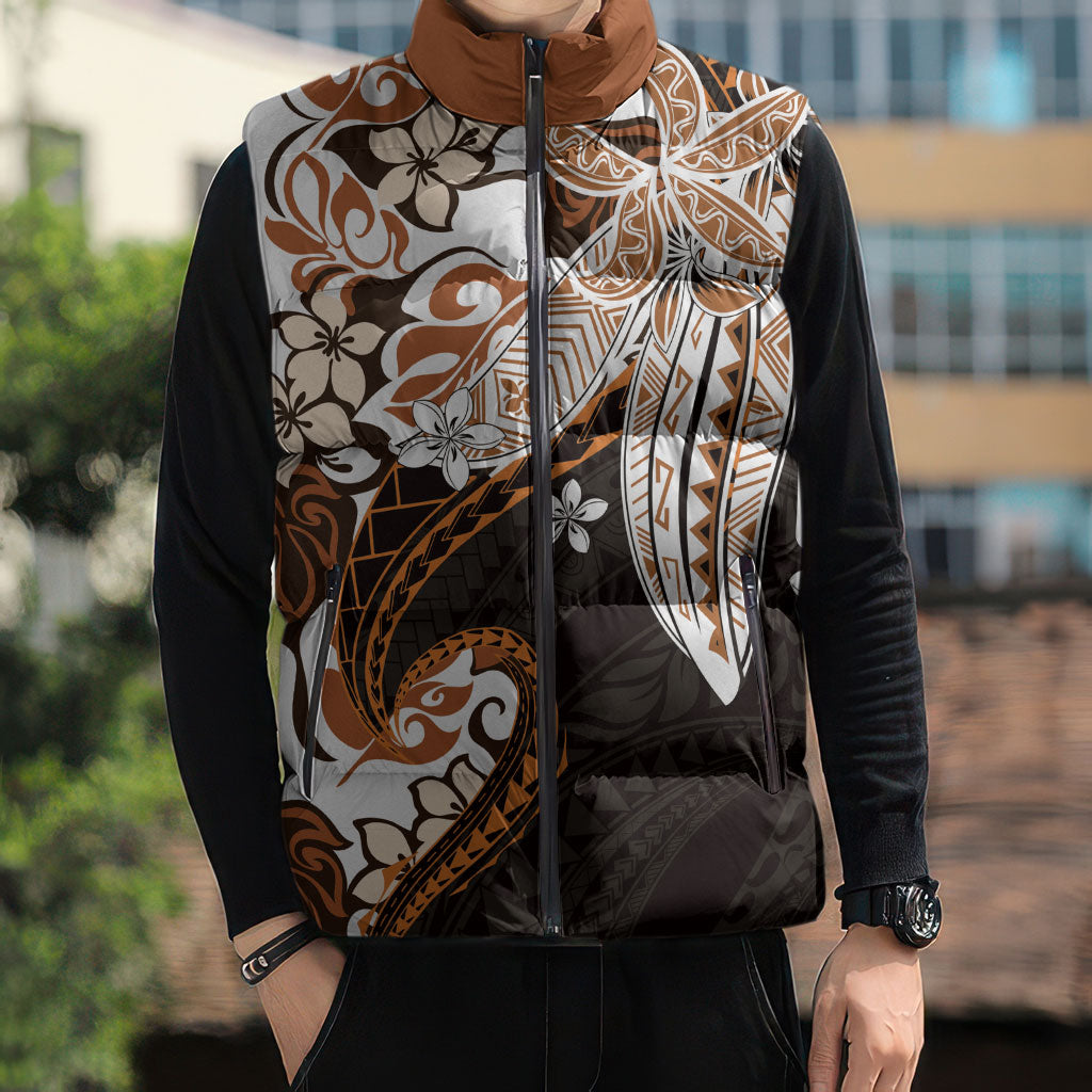 Monstera Plumeria Flowers Orange Sleeveless Puffer Jacket Polynesian Pattern