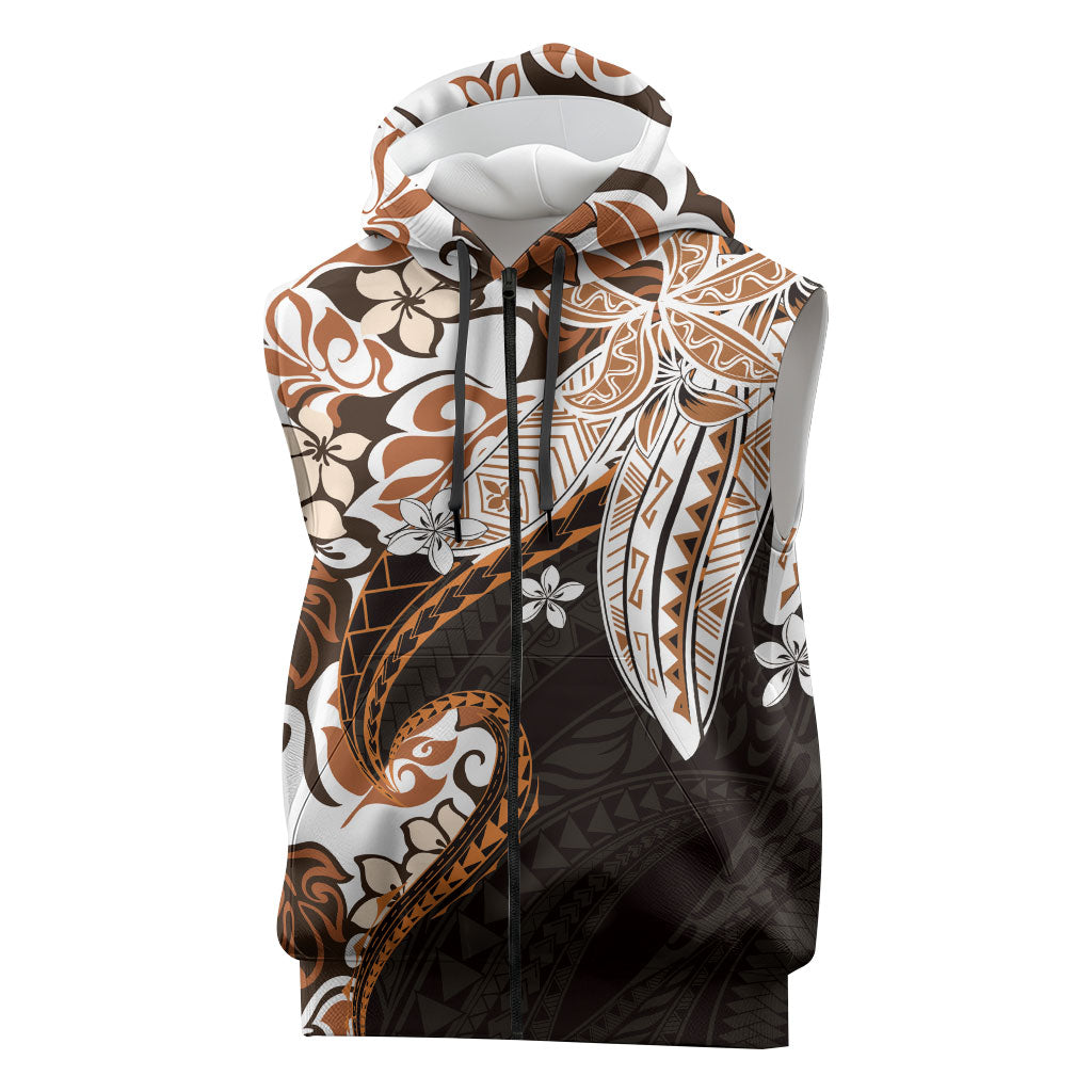 Monstera Plumeria Flowers Orange Sleeveless Zip Hoodie Polynesian Pattern