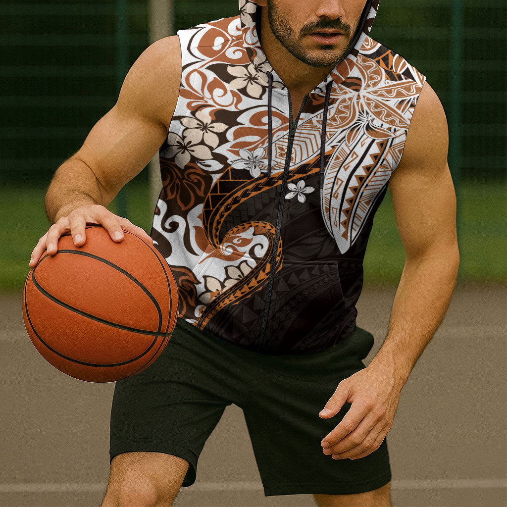 Monstera Plumeria Flowers Orange Sleeveless Zip Hoodie Polynesian Pattern