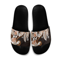 Monstera Plumeria Flowers Orange Slide Sandals Polynesian Pattern