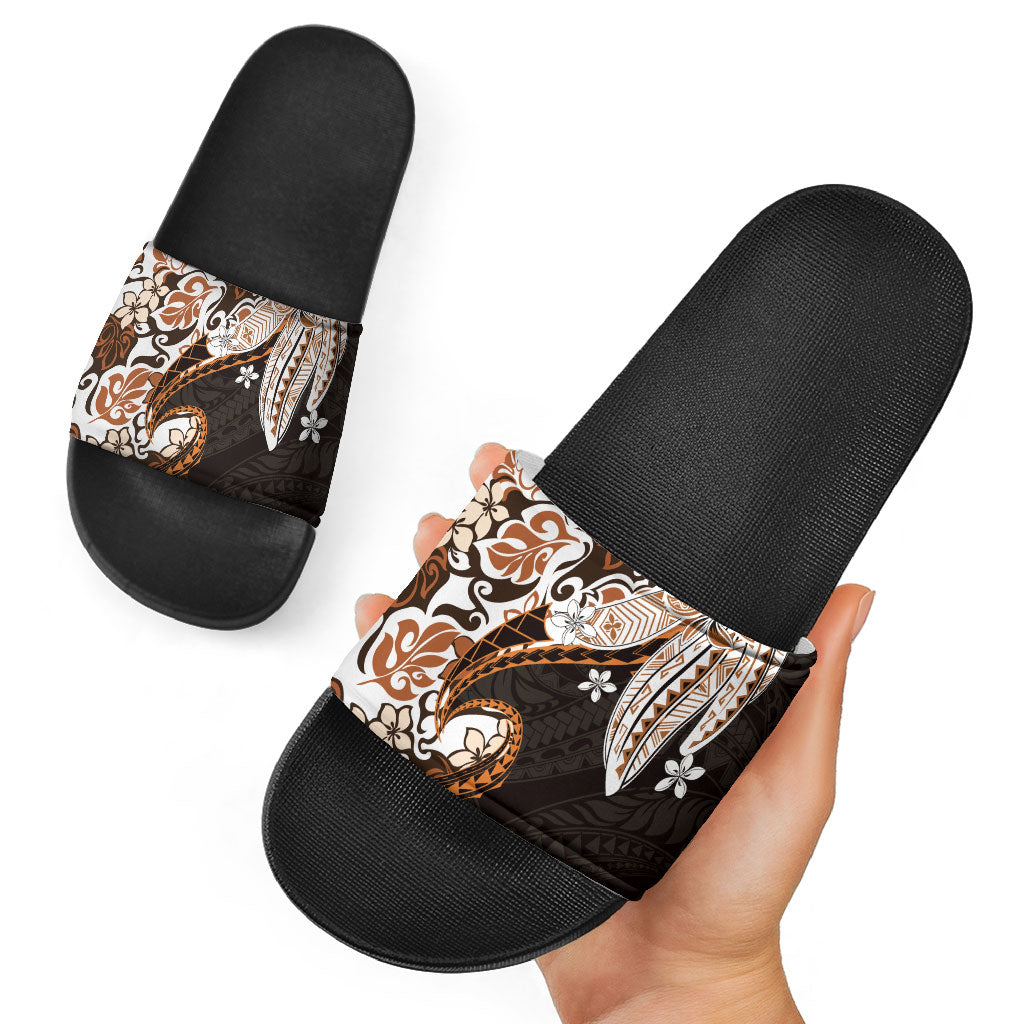 Monstera Plumeria Flowers Orange Slide Sandals Polynesian Pattern