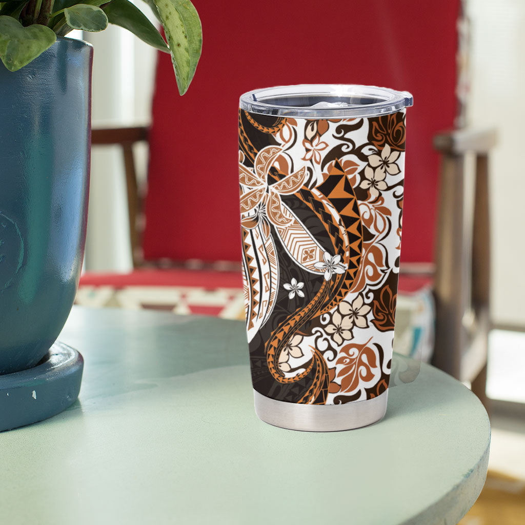 Monstera Plumeria Flowers Orange Tumbler Cup Polynesian Pattern