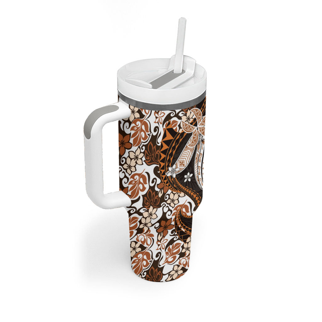 Monstera Plumeria Flowers Orange Tumbler With Handle Polynesian Pattern