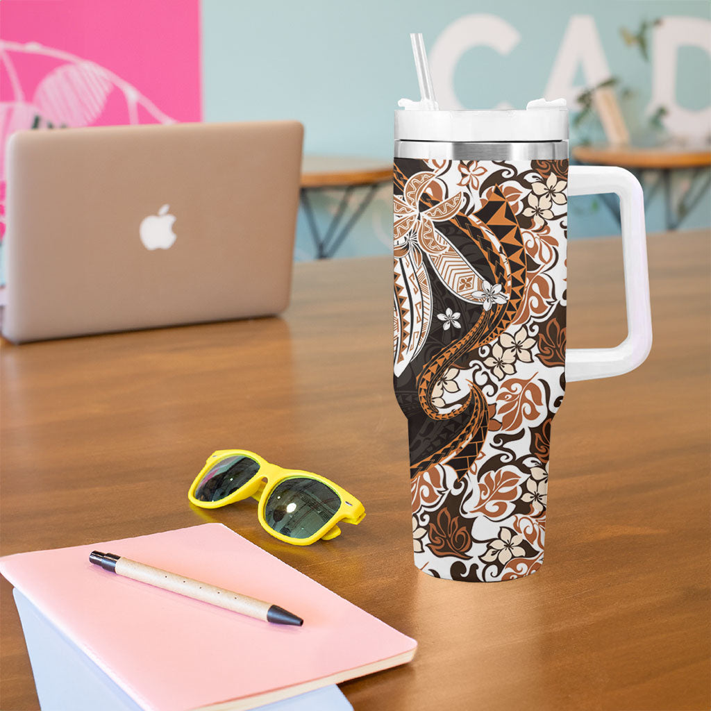 Monstera Plumeria Flowers Orange Tumbler With Handle Polynesian Pattern