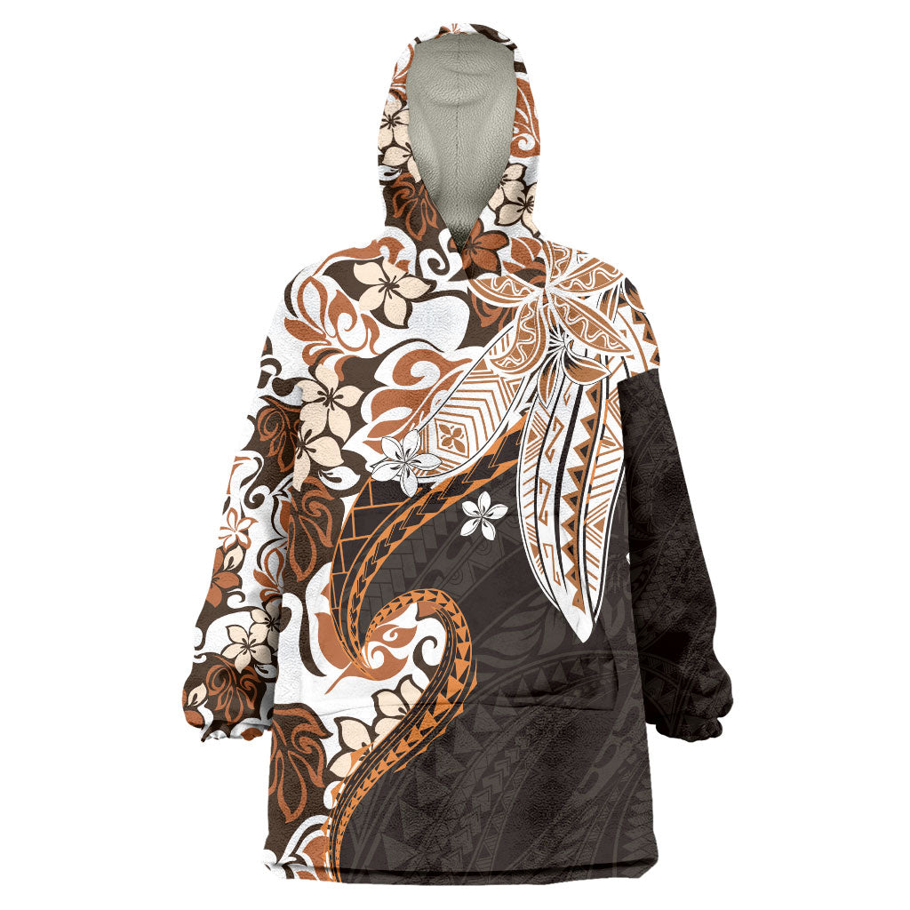Monstera Plumeria Flowers Orange Wearable Blanket Hoodie Polynesian Pattern