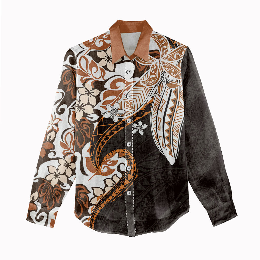 Monstera Plumeria Flowers Orange Women Casual Shirt Polynesian Pattern
