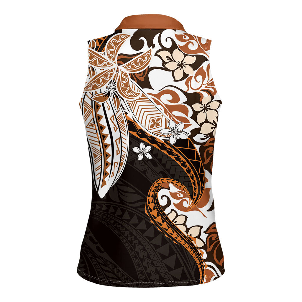 Monstera Plumeria Flowers Orange Women Sleeveless Polo Shirt Polynesian Pattern