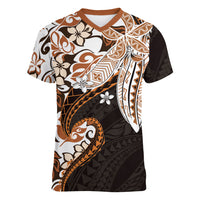 Monstera Plumeria Flowers Orange Women V-Neck T-Shirt Polynesian Pattern