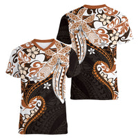 Monstera Plumeria Flowers Orange Women V-Neck T-Shirt Polynesian Pattern