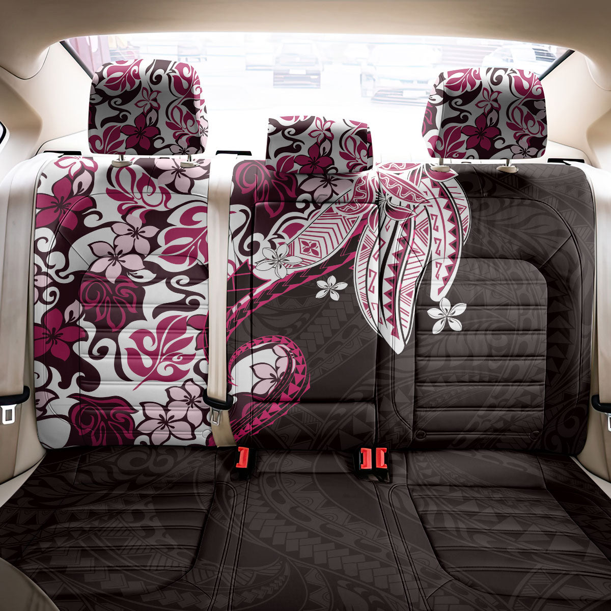 Monstera Plumeria Flowers Pink Back Car Seat Cover Polynesian Pattern