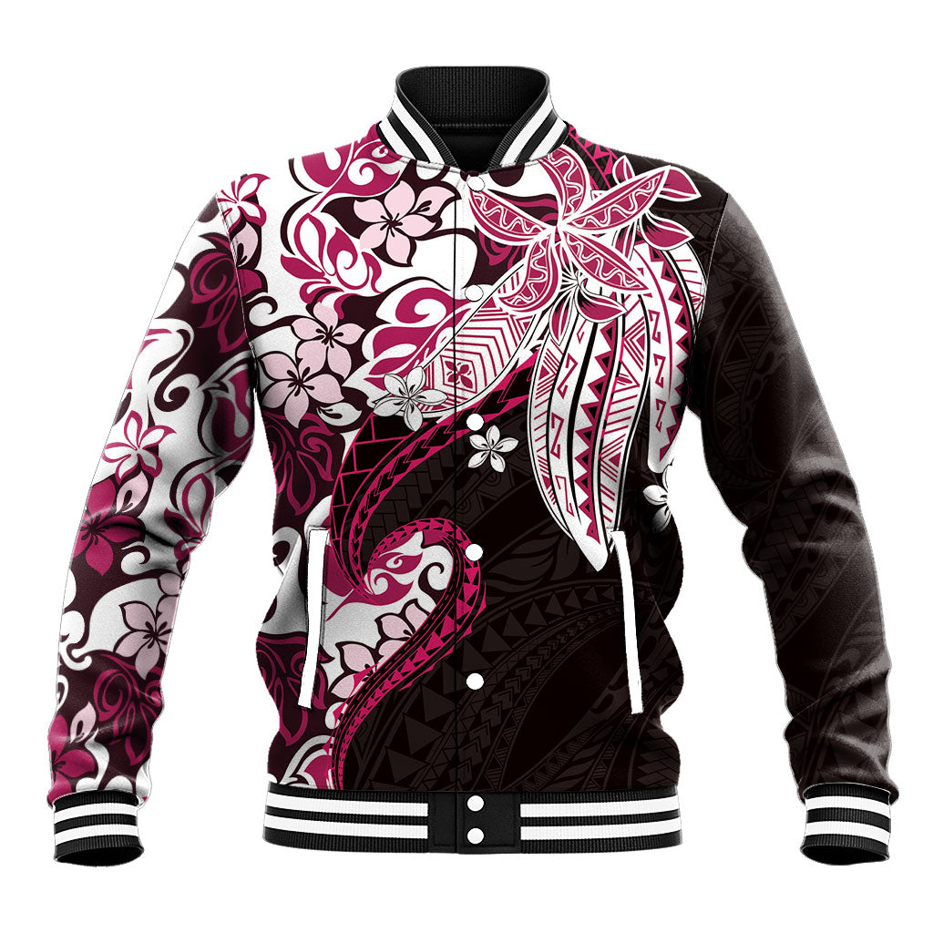 Monstera Plumeria Flowers Pink Baseball Jacket Polynesian Pattern