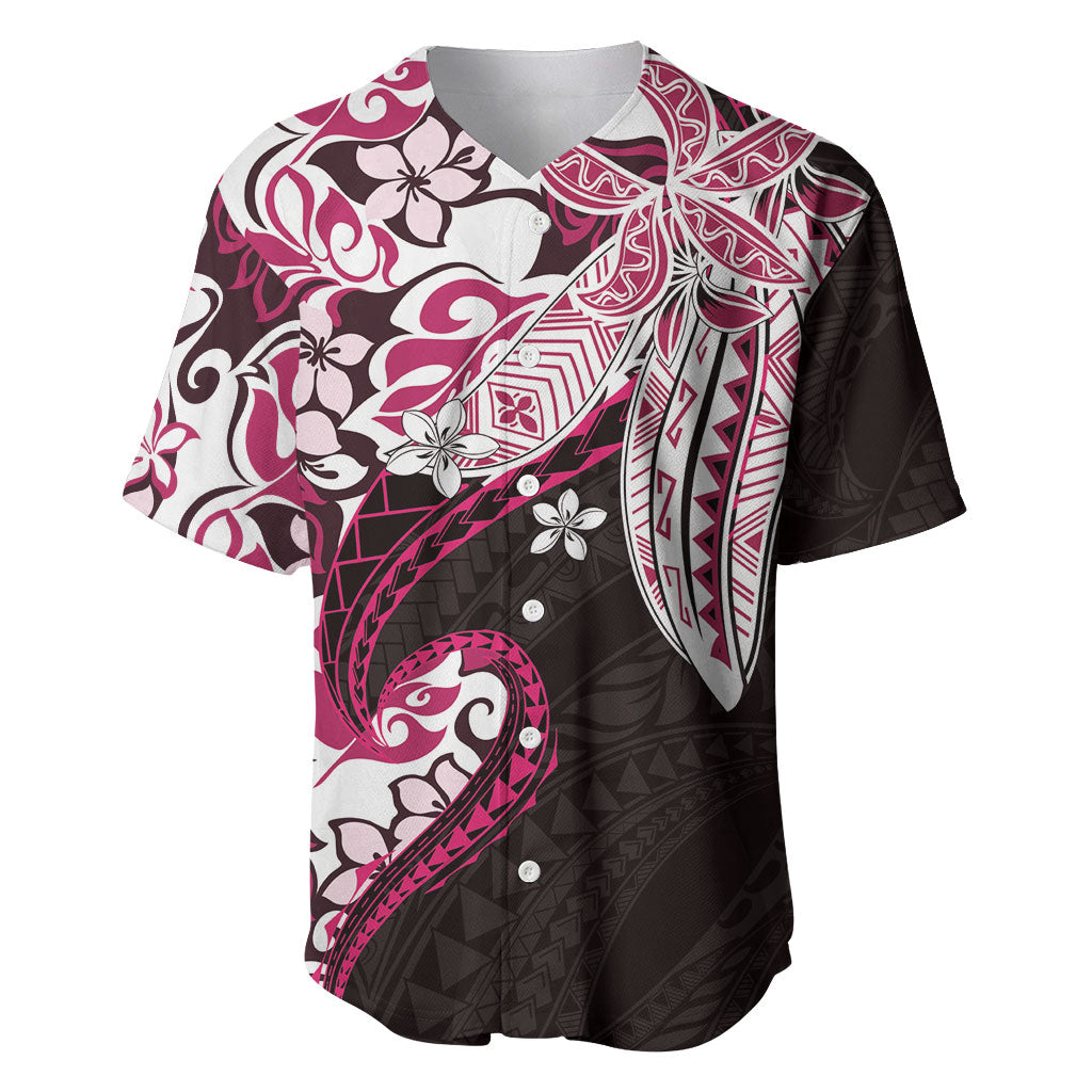 Monstera Plumeria Flowers Pink Baseball Jersey Polynesian Pattern