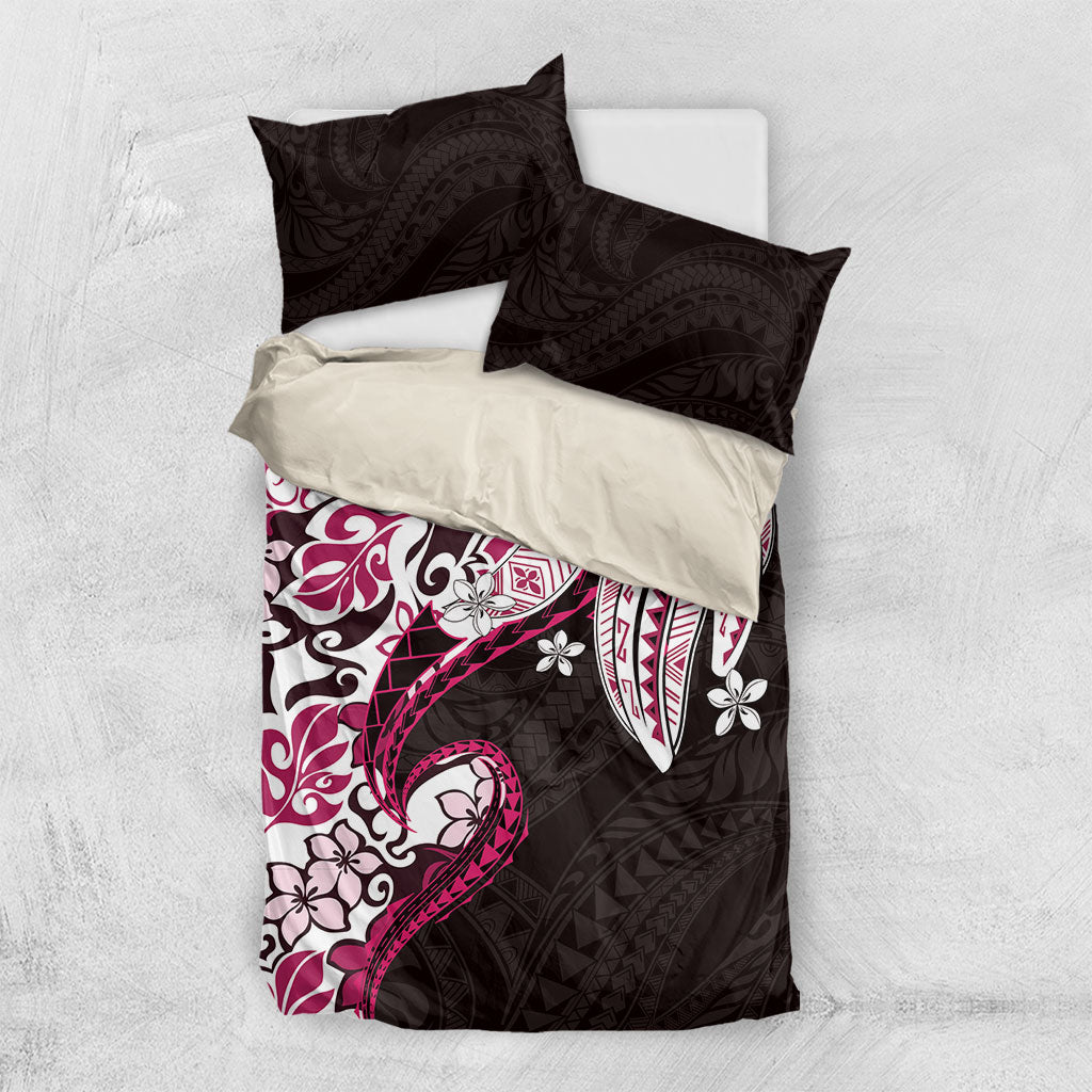 Monstera Plumeria Flowers Pink Bedding Set Polynesian Pattern