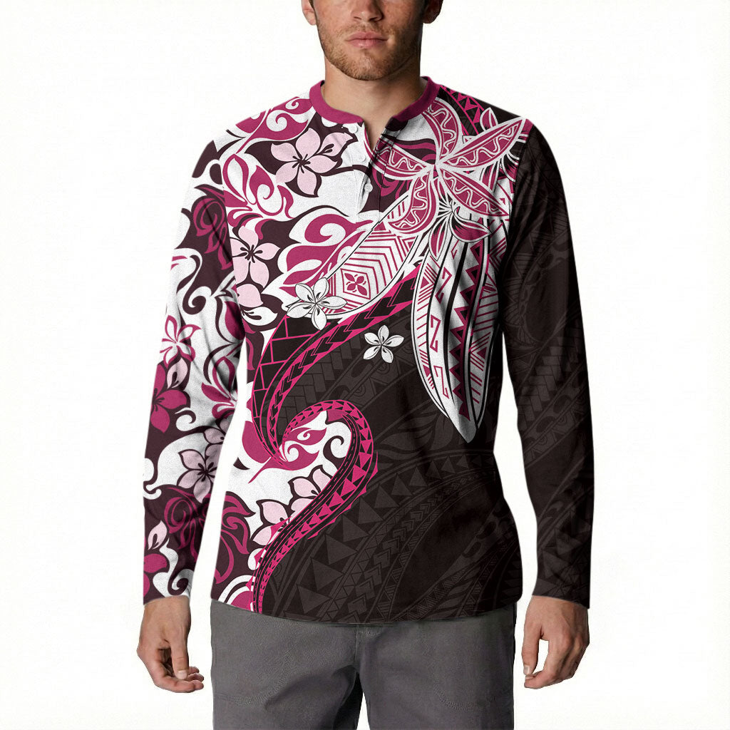 Monstera Plumeria Flowers Pink Button Sweatshirt Polynesian Pattern