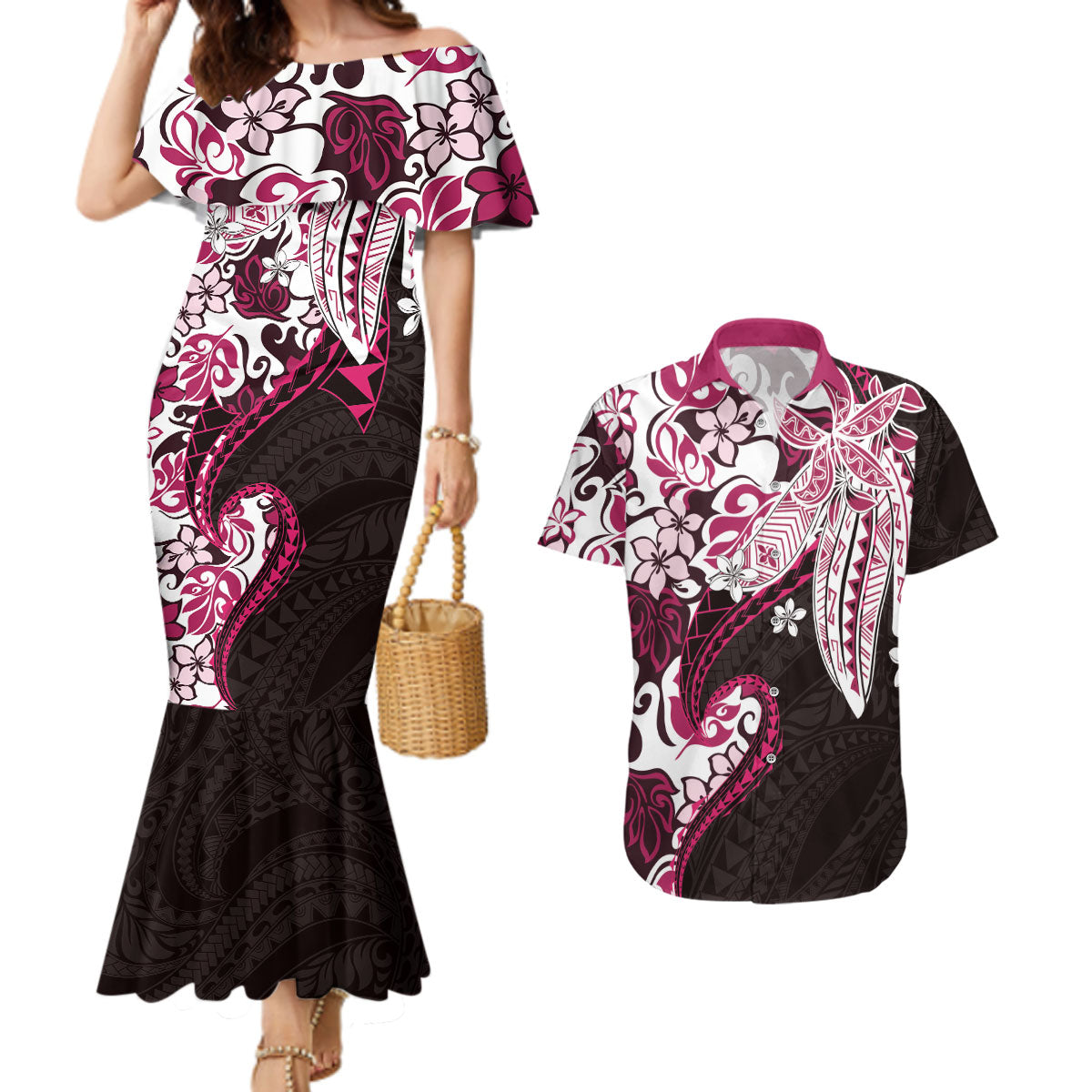 Monstera Plumeria Flowers Pink Couples Matching Mermaid Dress and Hawaiian Shirt Polynesian Pattern