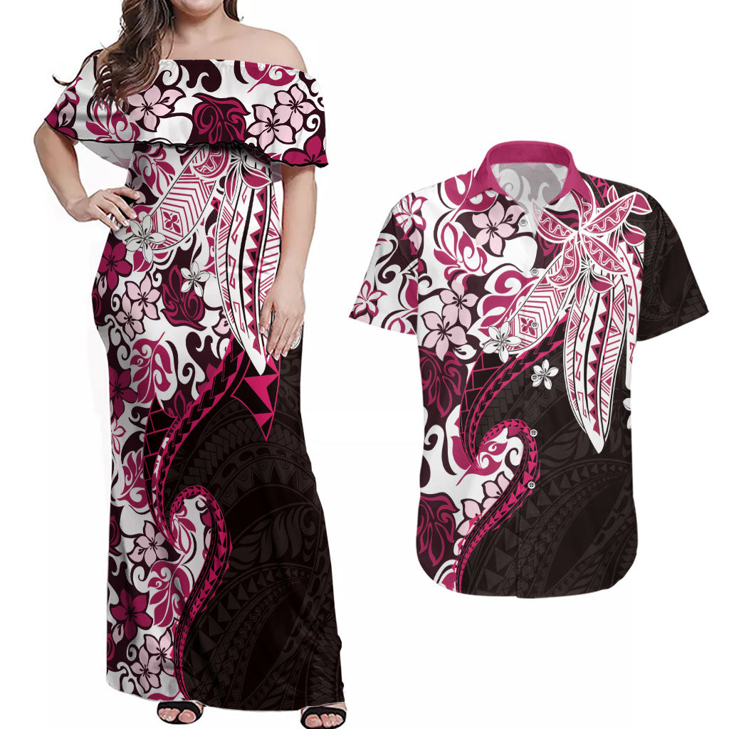 Monstera Plumeria Flowers Pink Couples Matching Off Shoulder Maxi Dress and Hawaiian Shirt Polynesian Pattern
