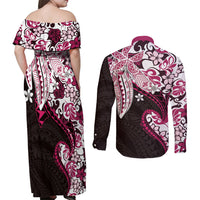 Monstera Plumeria Flowers Pink Couples Matching Off Shoulder Maxi Dress and Long Sleeve Button Shirt Polynesian Pattern