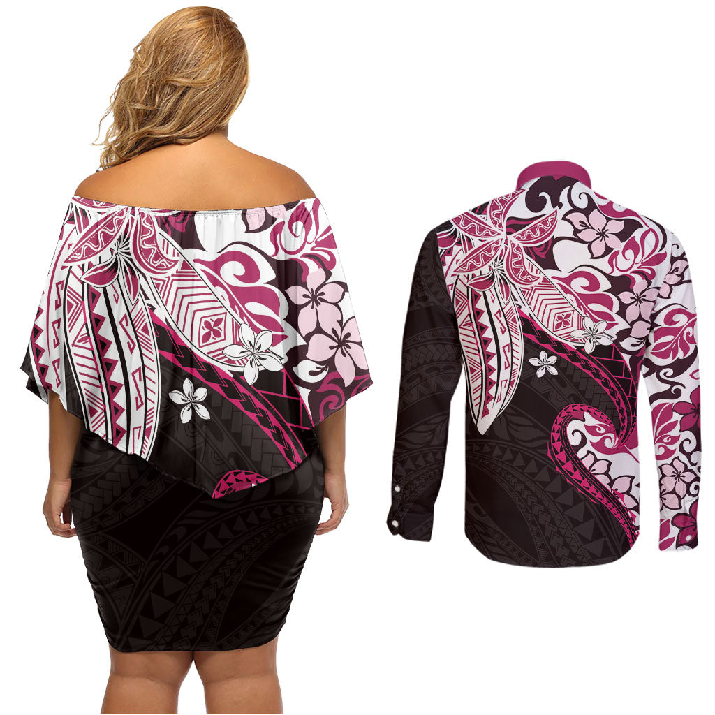 Monstera Plumeria Flowers Pink Couples Matching Off Shoulder Short Dress and Long Sleeve Button Shirt Polynesian Pattern