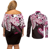 Monstera Plumeria Flowers Pink Couples Matching Off Shoulder Short Dress and Long Sleeve Button Shirt Polynesian Pattern