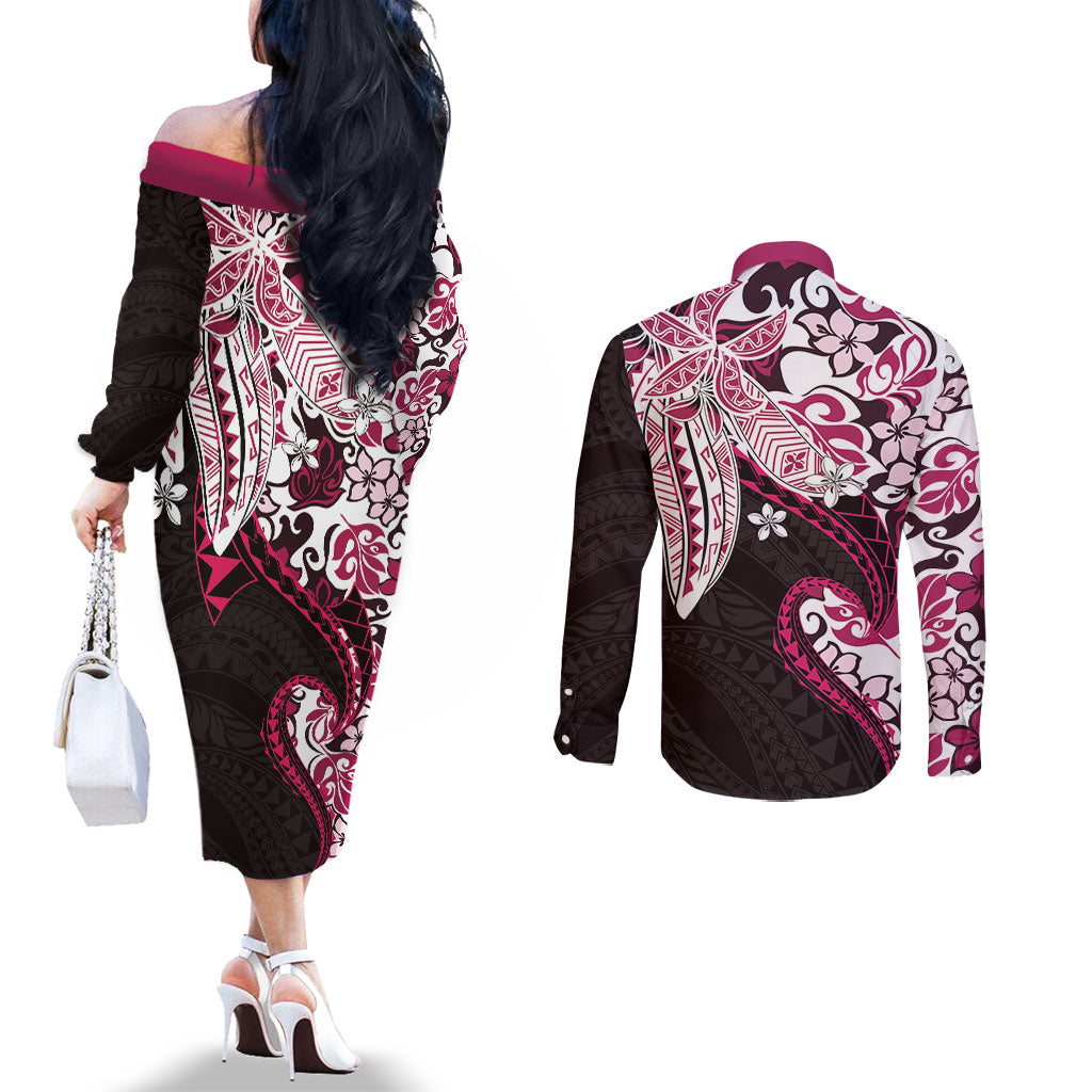 Monstera Plumeria Flowers Pink Couples Matching Off The Shoulder Long Sleeve Dress and Long Sleeve Button Shirt Polynesian Pattern