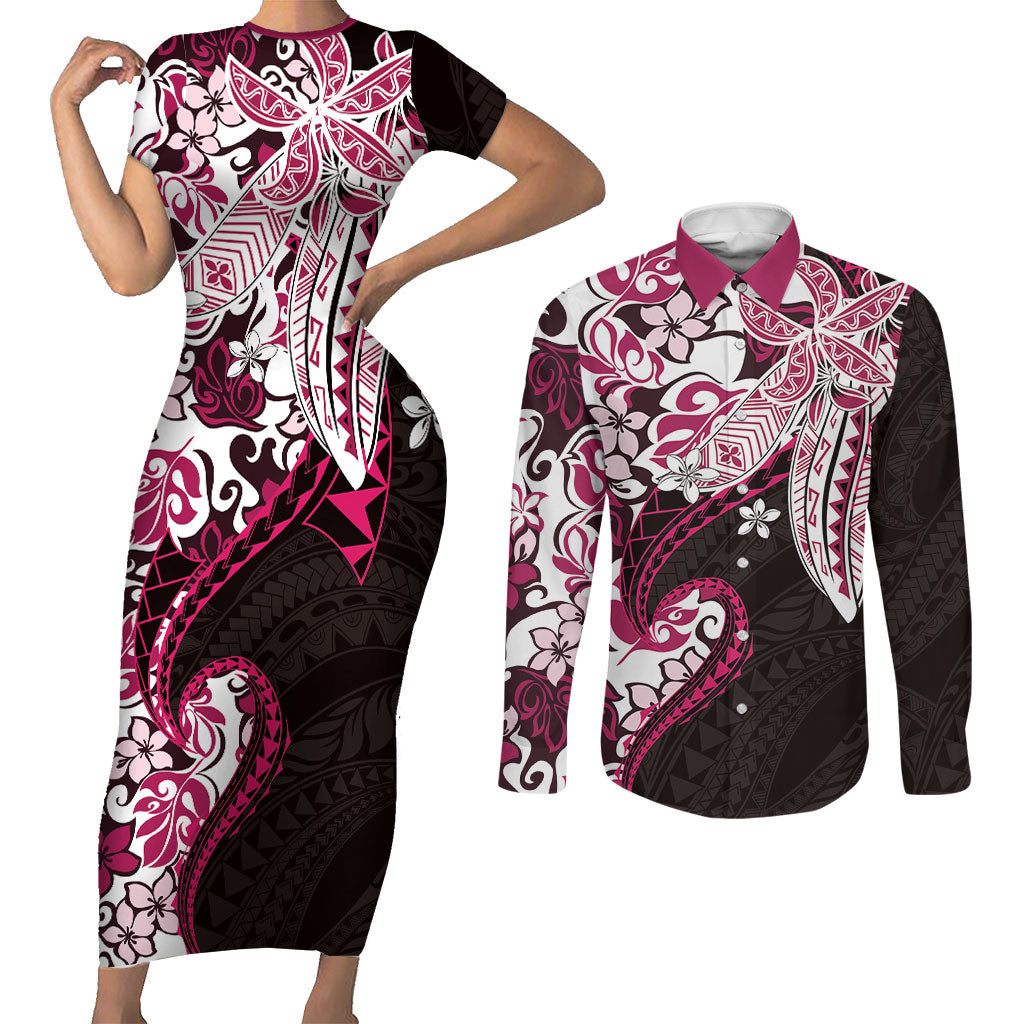 Monstera Plumeria Flowers Pink Couples Matching Short Sleeve Bodycon Dress and Long Sleeve Button Shirt Polynesian Pattern