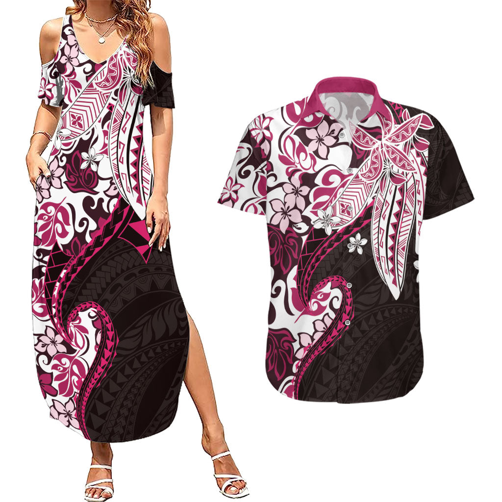 Monstera Plumeria Flowers Pink Couples Matching Summer Maxi Dress and Hawaiian Shirt Polynesian Pattern