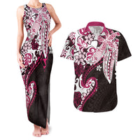 Monstera Plumeria Flowers Pink Couples Matching Tank Maxi Dress and Hawaiian Shirt Polynesian Pattern